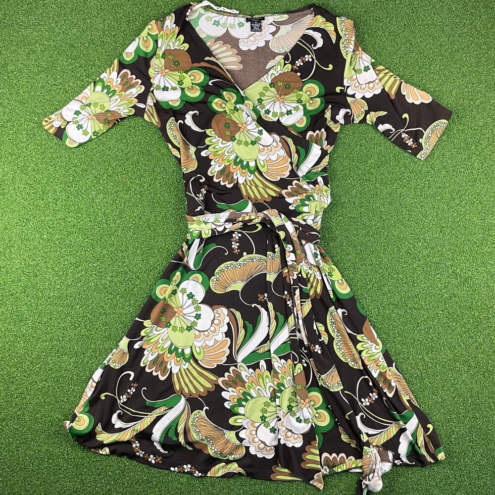 Vintage Courtenay Brown Tropical Half Sleeve Stretch Midi Wrap Dress Sz 14
